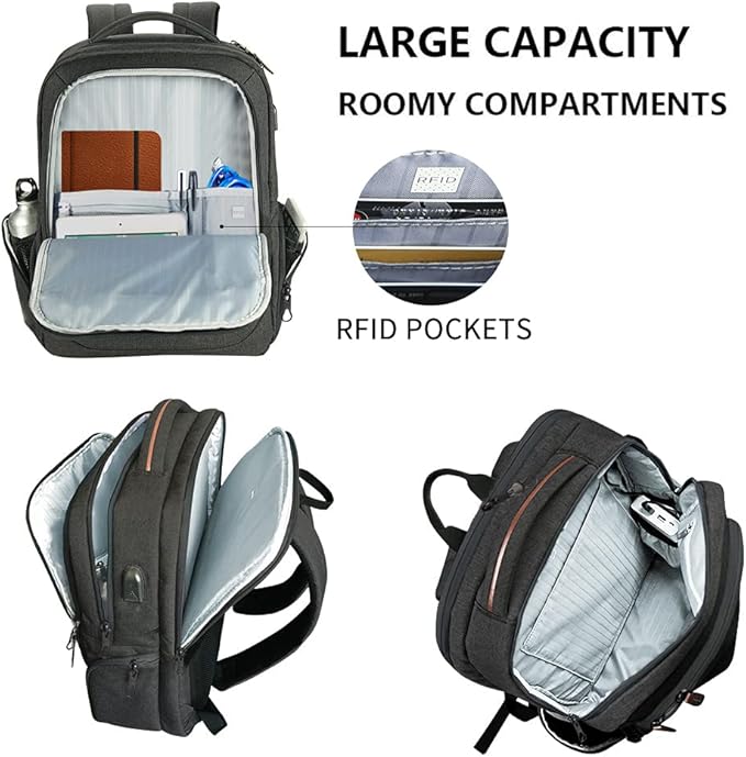 KROSER Laptop Backpack Large Computer Backpack Fits up to 17.3 Inch Laptop with USB Charging Port Water-Repellent Travel Backpack Casual Daypack for Business/College/Women/Men-Charcoal Black