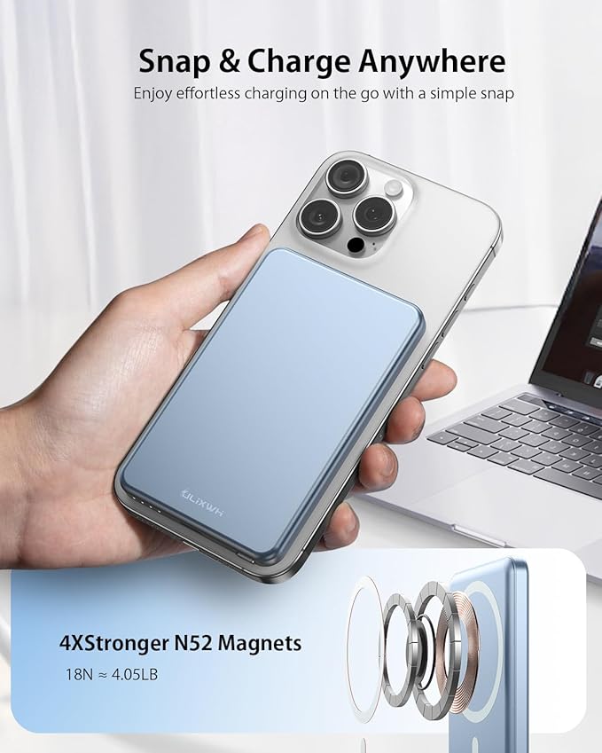 [0.3" Ultra Slim] [Alloy-Made] ULiXWH for Magsafe Portable Charger for iPhone, 2025 Upgrade 5000mAh Fast Charging Magnetic Power Bank, Wireless Battery Pack for iPhone 17 Air 16 15 Pro Max 14, Blue