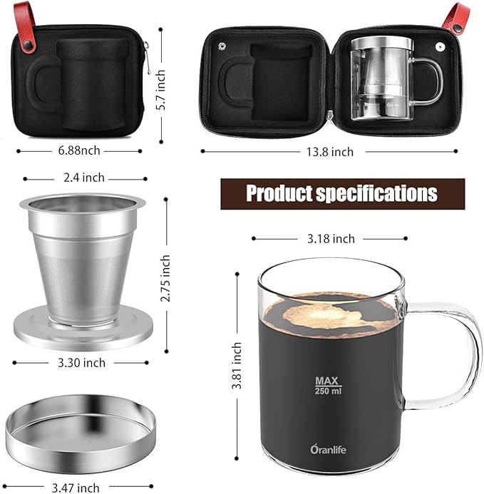 Oranlife Pour Over Coffee Maker Set for Travel/Camping/Hiking, Single Cup, Stainless Steel Coffee Filter, 14 Oz Borosilicate Glass Mug, Extra Permanent Lid and Moulded Neoprene Case, at Home/Office