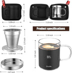 Oranlife Pour Over Coffee Maker Set for Travel/Camping/Hiking, Single Cup, Stainless Steel Coffee Filter, 14 Oz Borosilicate Glass Mug, Extra Permanent Lid and Moulded Neoprene Case, at Home/Office