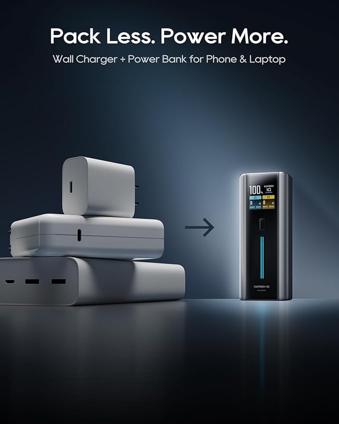 CUKTECH 10 Fusion 9000mAh Power Bank with 65W Wall Charger, Portable Charger with Smart Display, Power Adapter with Dual USB-C Ports, Fast Charging for MacBook, iPhone 17/16 Series, Galaxy, Pixel