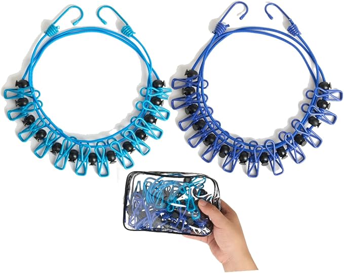 2 Pack Retractable Portable Clothesline, Windproof Clothes Line for Outdoor Camping, Travel, Laundry Drying with 12 Clips for Cruise, Hotel & Home-Sapphire Blue & Sky Blue