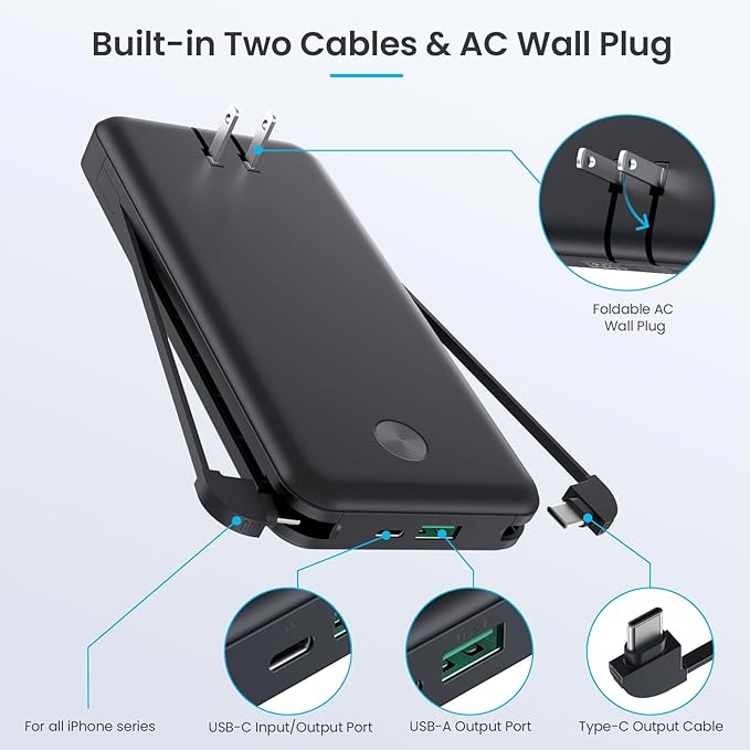 Portable Charger for iPhone with Built in Cables & Wall Plug,10800mah Travel Essentials Power Bank,4 Output LCD Display External Battery Pack Phone Charger for iPhone 17/16/15/14,Galaxy,Android etc