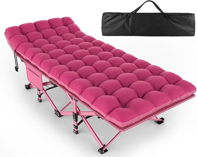 ZENPETIO Camping Cot for Adults - Heavy-Duty Cot Bed with Mattress, Portable Sleeping Cots for Outdoor Indoor, 1200D Oxford Folding Cots for Home Travel, Max Load 500LBS, Pink28in