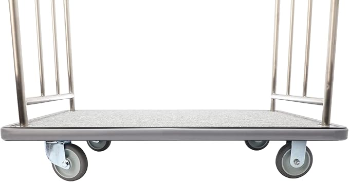 Brushed Stainless Steel Luggage Cart – 800lb Capacity – Bellman Cart w/ 5” Rubber Wheels & Gray Carpet, for Hotel, Resorts, Condos, Commercial Use (Value Valet Series)