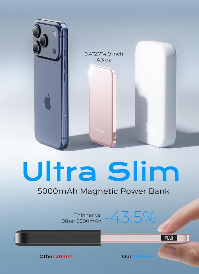 Aobbow Magnetic Portable Charger, 5000mAh Ultra Slim Power Bank, 15W Fast Charging for Magsafe Battery Pack, Travel Essential Wireless Charger Compatible with iPhone 17/16/15 Series - Rose Gold