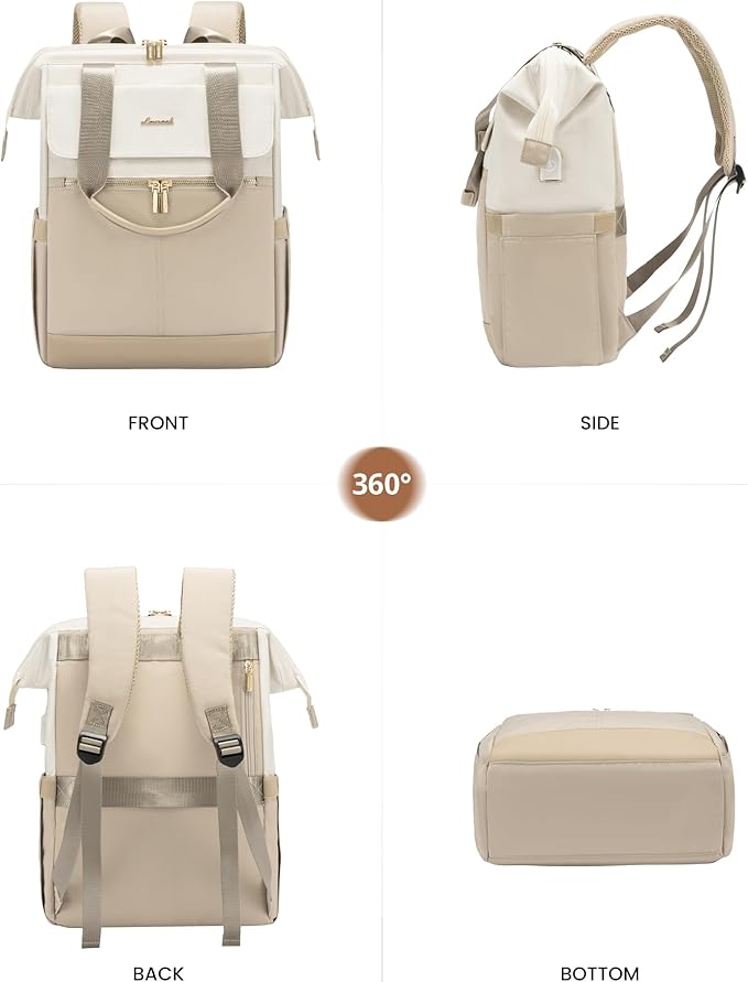 LOVEVOOK 17.3 Inch Laptop Backpack for Women, Large Capacity Travel Backpack with Organizer Bag, Waterproof Carry on Backpack Purse Work Bag with USB Port for Teacher Nurse, Beige-Khaki