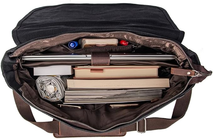 Vintage Genuine Leather Waxed Canvas Briefcase Large Satchel Shoulder Bag Rugged Computer 15.6" Laptop Bag
