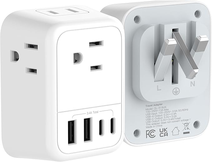 US to UK Plug Adapter, Foldable UK Travel Adapter with 4 AC Outlets 4 USB Ports(2 USB C), Type G Power Adapter for USA to Ireland England British Scotland London Hong Kong Singapore(1 Pack)