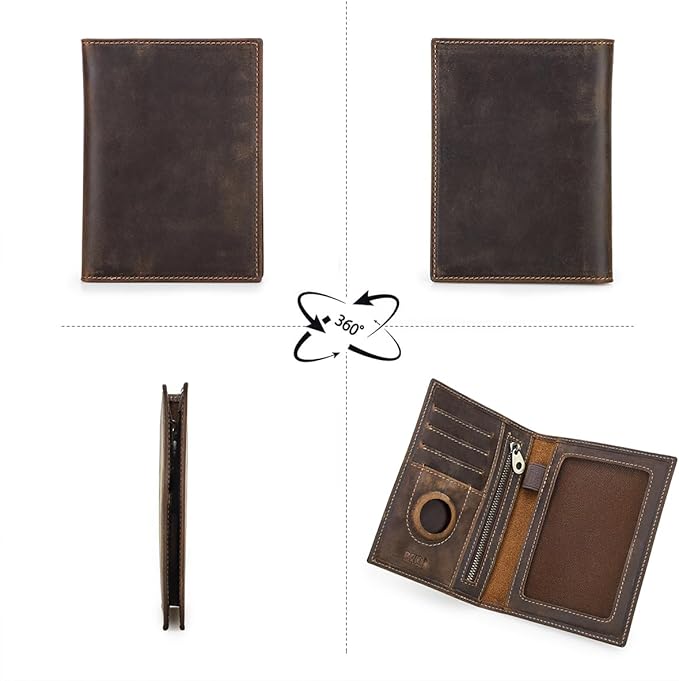 CONTACTS Full Grain Leather Passport Holder RFID Blocking Travel Passport Wallet Compatible with Airtag Passport Case Handmade with 4 Cards Slots, Coin Pocket (Brown)