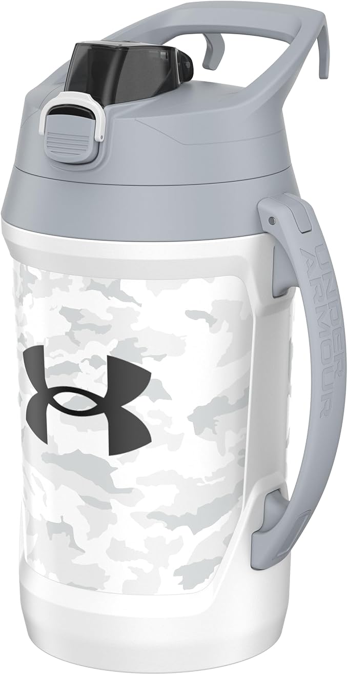 Under Armour Insulated Water Bottle with Handle & Fence Hook, Half Gallon Sports Water Jug, Leak-Resistant & BPA-Free for Baseball, Football & Gym - White Woodland, 64oz