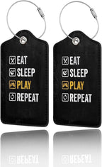 GACCAP 2 Pack Luggage Tags for Suitcase, Privacy Cover ID Label with Stainless Steel and Address Card for Travel Bag Backpack Cruise Ship Essentials Tag Men Boys - Eat Sleep Play Repeat