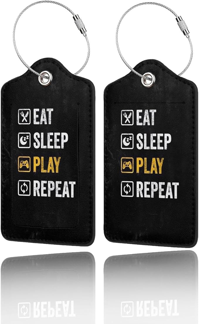 GACCAP 2 Pack Luggage Tags for Suitcase, Privacy Cover ID Label with Stainless Steel and Address Card for Travel Bag Backpack Cruise Ship Essentials Tag Men Boys - Eat Sleep Play Repeat