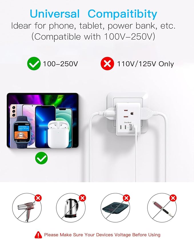 2 Pack Germany France Travel Plug Adapter, Type E/F Power Plug Adapter with 3 Outlets 4 USB Charging Ports(2 USB C), Travel Essentials US to Europe France Germany South Korea Netherlands Spain