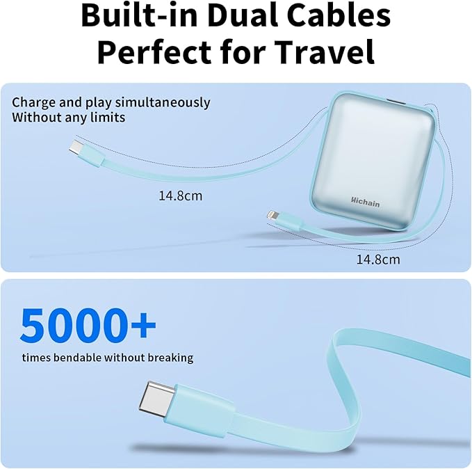 Hichain Mini Portable Charger with Built in Cables LED Display, Mini Power Bank 10000mAh 22.5W USB-C Fast Charging Portable Charger, Small Power Bank for iPhone Compatible with iPad & Android Blue
