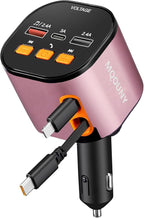 Retractable Car Charger,5 in 1 Fast Car Phone Charger 90W,Bluetooth 5.3 FM Transmitter Adapter,Handsfree Call,2 Retractable Cables and USB Cars Chargers for iPhone 17/16/15/14/13/Galaxy/Pixel