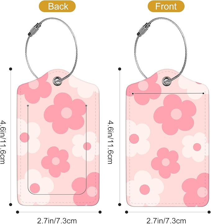 2Pack Luggage Tags for Suitcases, Cute Unique Pu Leather Cruise Luggage Tag with Privacy Cover ID Label Address Card and Metal Ring Suitable for Women Men Kids Travel Bag Pink Large Flower