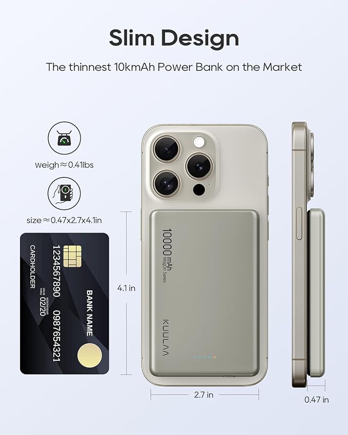 Kuulaa 10000mAh Magsafe Battery Pack 0.47IN Ultra Slim Magnetic Portable Charger Wireless Magsafe Power Bank Compatible with iPhone 16/15/14/13/12 Series