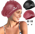 2 Pack Large Swim Caps for Long Hair, Silicone Swimming Cap for Adult Women Men, Waterproof Swim Hats Bathing Caps to Keep Hair Dry with Bonus Nose Clip and Earplugs