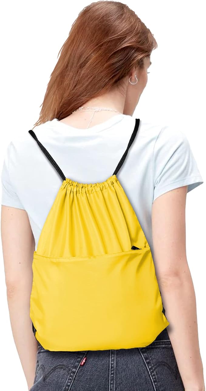 Drawstring Backpack Sports Water Resistant String Bag Sport Gym Sackpack for Women Men Large with Zipper, Yellow