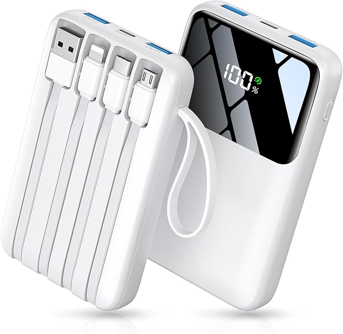 Power Bank, 15000mAh Portable Charger with Built in Cable, 22.5W Fast Charging, 6 Outputs, Slim Travel Essential Battery Pack with LED Display, Compatible with iPhone 17/16/15/14/13, iPad White