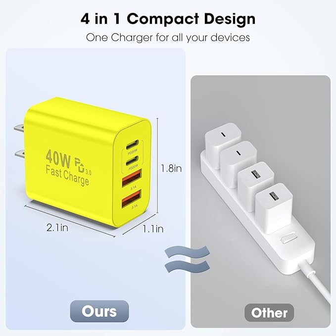 USB C Charger Block, 2 Pack 40W 4-Port iPhone Charger Fast Charging Multiport PD 3.0 & QC 4.0 Double Quick Charge, Compatible with iPhone 17/16/15/14/13/12/11，Pro Max，iPad, Samsung (2, Yellow)