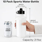 SOUJOY 10 Pack Sports Water Bottle, 21oz Plastic Squeeze Bottle with Easy Open Push/Pull Cap, BPA Free Reusable Team Water Bottle for Fitness, Gifts