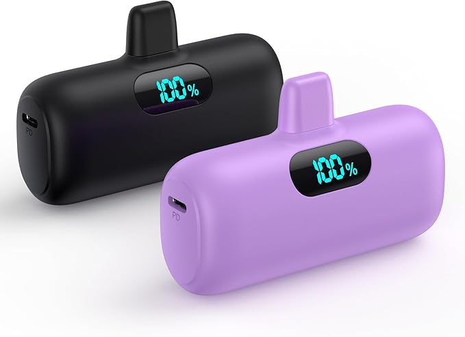[2 Pack] Small Portable Charger for iPhone,Upgraded 5000mAh PD Fast Charging Power Bank, LCD Display Cute Mini Battery Pack Compatible with iPhone 14/14 Pro Max/13/13 Pro/12 Pro/11/XR/X/8,Black+Purple