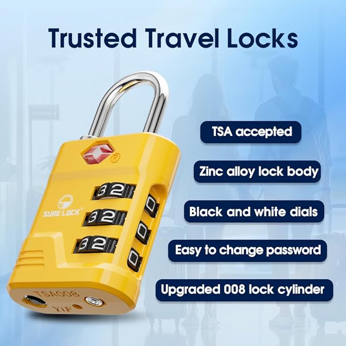 SURE LOCK TSA Approved Luggage Lock – 3-Digit Resettable Combination Padlock with Open Alert Red Dot, Large Easy-Read Dials for Suitcases, Backpacks, Gym & School Lockers(Yellow 2 pk)