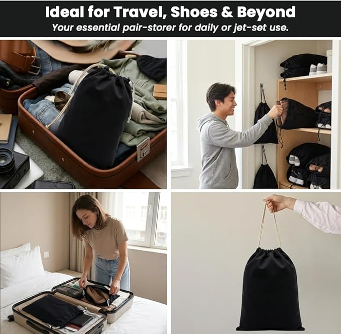 LFH Cotton Rich Shoe Storage Bags with Drawstring, Dustproof Breathable Reusable Organizer, Perfect For Travel, Dorm, Hotel, College, Gym, Machine Washable 12"x17" (Pack of 2) - Black sand
