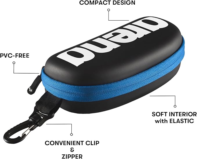 ARENA Swim Goggle Case for Swimmers Protective Hardcover Carrying Case with Clip for Backpacks, Storage and Transport, Black/White/Royal