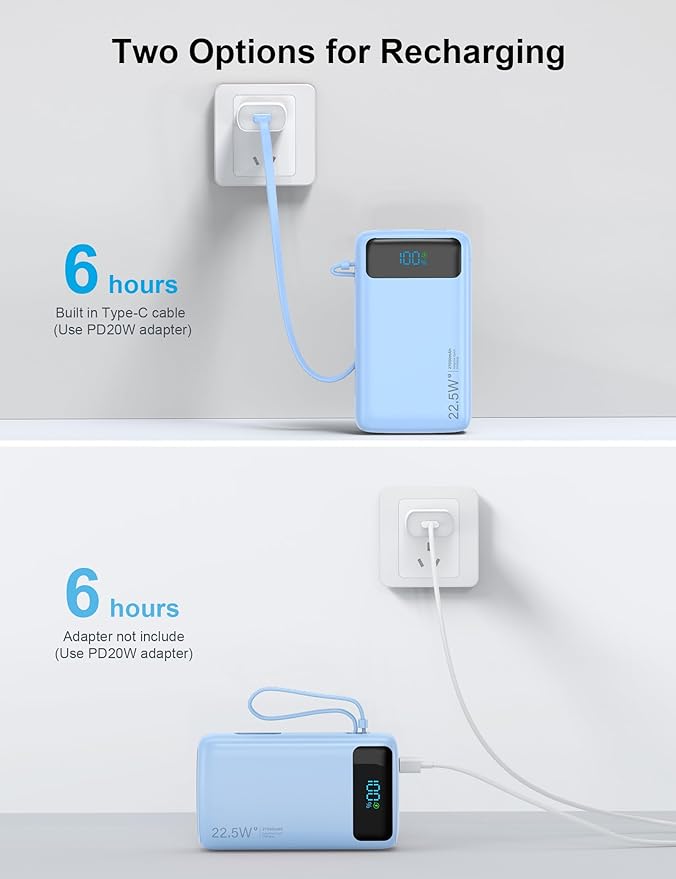 Portable Charger, 27000mAh 22.5W Fast Charging Power Bank with Built-in Cable, USB C Battery Pack with LED Display & Flash Light, Travel Essential External Battery Charger Bank for iPhone Samsung Blue