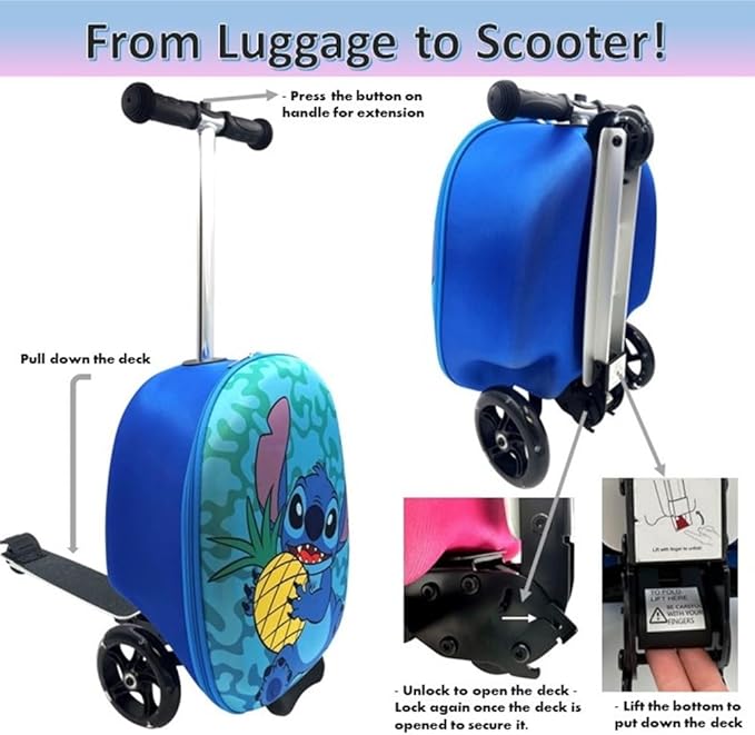 Fast Forward Stitch 18" Ride-On Suitcase Scooter - Lightweight Carry-On Foldable Scooter Luggage