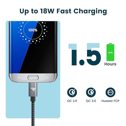 RAMPOW Micro USB Cable 6.6ft Nylon Braided Space Gray QC 3.0 Fast Charge & Sync 2.4A for Samsung Galaxy S5/S6/S7, HTC, LG, Kindle, Sony, PS4, and More