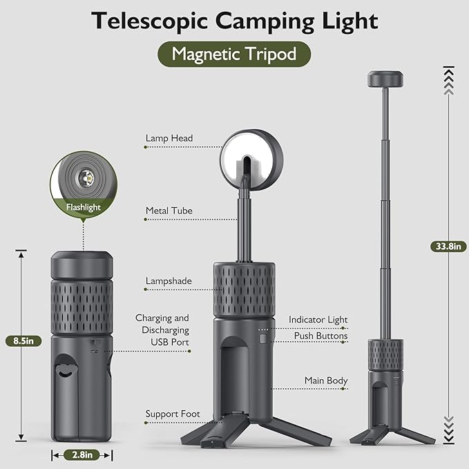 Telescopic Camping Lights,Rechargeable Camping Lantern,Portable Outdoor Tent Light,Hiking,Emergency,Fishing,Camping Essentials,IP54 Waterproof（Gray）