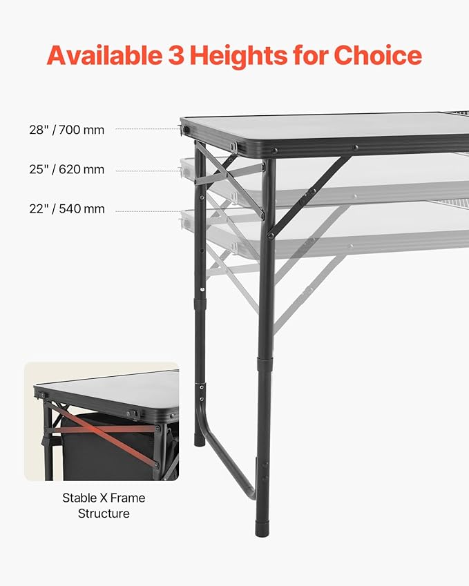 VEVOR Camping Kitchen Table, Folding Outdoor Cooking Table, 3 Adjustable Heights, Aluminum Lightweight Portable Cook Station with Storage Organizer, Carry Handle, for BBQ Party Picnic RV Travel, Black