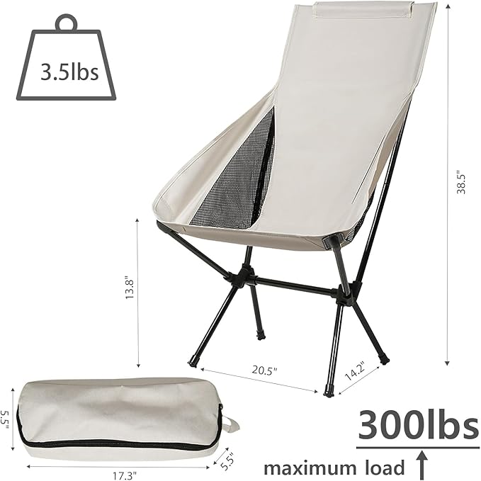 Wind Tour Portable Camping Chair Lightweight Foldable Outdoor Chair for Hiking Camp Backpacking Lawn Beach Fishing Picnic with Carry Bag (High-Back | White)