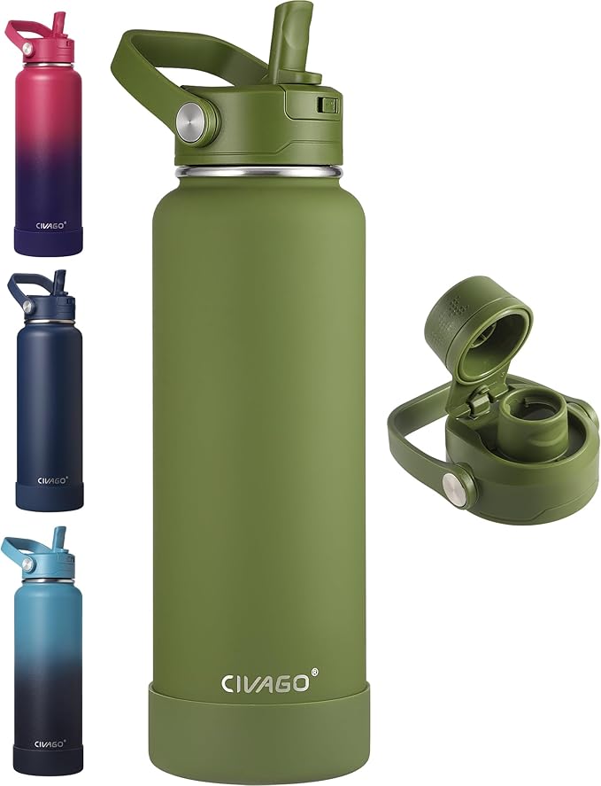 CIVAGO 40 oz Insulated Stainless Steel Water Bottle with Detachable Straw, Large Metal Water Jug with Bucket Handle, Leakproof Sports Water Flask with Silicone Boot, Dishwasher Safe, Army Green