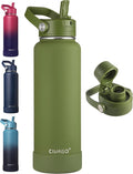 CIVAGO 40 oz Insulated Stainless Steel Water Bottle with Detachable Straw, Large Metal Water Jug with Bucket Handle, Leakproof Sports Water Flask with Silicone Boot, Dishwasher Safe, Army Green
