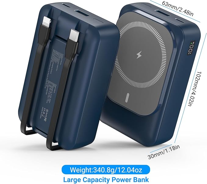 Magnetic Wireless Power Bank 26800mAh, PD 22.5W Type-C Fast Charging Portable Charger 5 Outputs, Battery Pack for Magsafe Built in 2 Cables with Stand LED Display for iPhone 17/16/15/14/13/12-Blue
