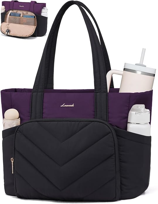 LOVEVOOK Puffer Tote Bag for Women, V-Quilted Puffy Teacher Tote Nurse Bag, Large Shoulder Laptop Purse for Work Travel Gym