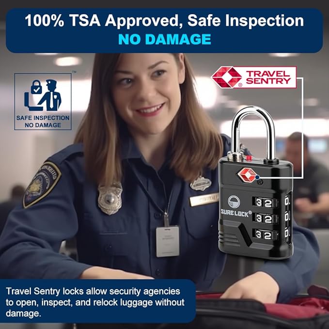 SURE LOCK TSA Approved Luggage Lock – 3-Digit Resettable Combination Padlock with Open Alert Red Dot, Large Easy-Read Dials for Suitcases, Backpacks, Gym & School Lockers (Black 2 pk)