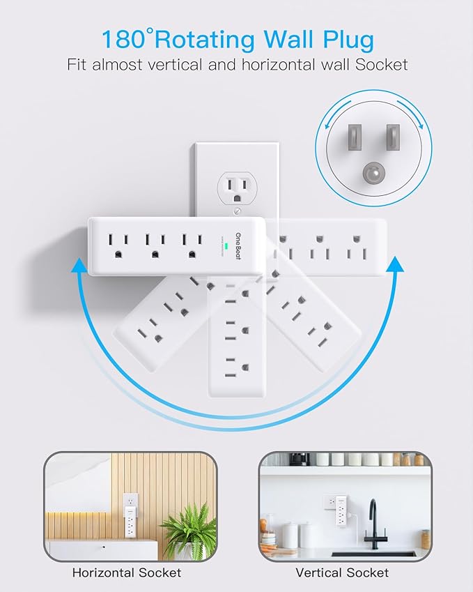 Surge Protector Outlet Extender with Rotating Plug, 9 AC Multi Plug Wall Outlet Expander, 1800J Wall Charger, 3-Sided Power Strip Electrical Plug Adapter Outlet Splitter for Home Office College Dorm