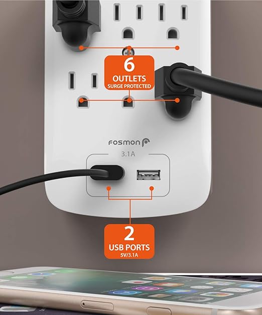 Fosmon 6 Outlet Surge Protector 1200 Joules with 2 USB Ports Charger (3.1A), Multi Plug Outlet Extender 1875 Watt, 3-Prong Grounded Wall Tap Adapter (2 Pack)