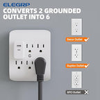 ELEGRP 6-Outlet Extender with Central Anchor, 3-Prong Grounded Wall Tab, Multiple Outlet Extender with 6 Electrical Outlets, ETL Listed, 2 Packs, White