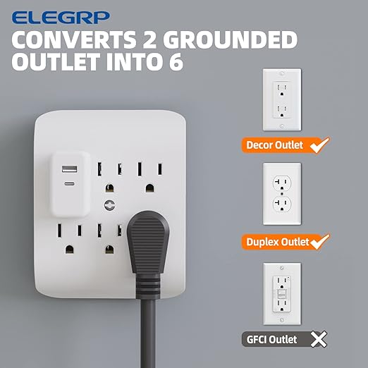 ELEGRP 6-Outlet Extender with Central Anchor, 3-Prong Grounded Wall Tab, Multiple Outlet Extender with 6 Electrical Outlets, ETL Listed, 2 Packs, White