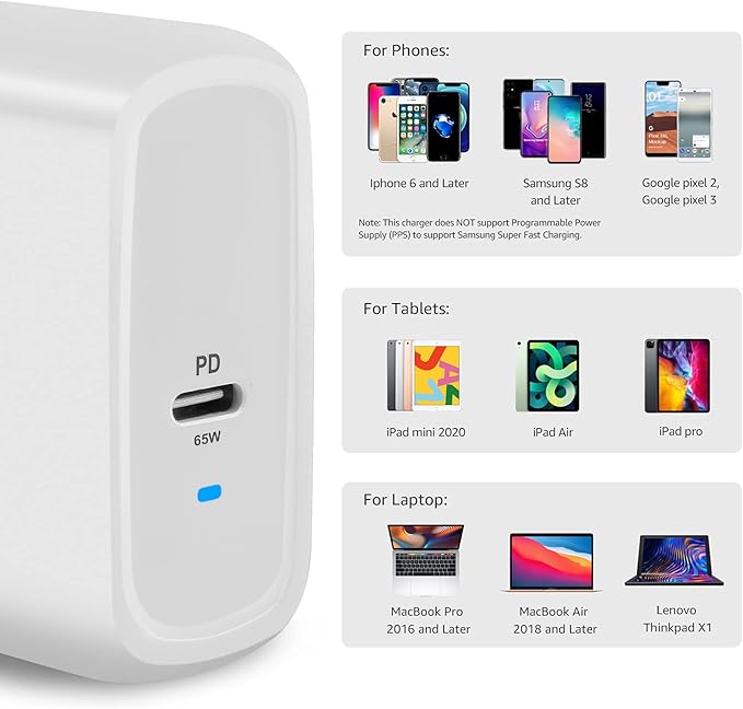 Amazon Basics 65W One-Port GaN USB-C Wall Charger with Power Delivery PD, Foldable Plug, Portable, Fast Charging for Laptops, Tablets & Phones, White