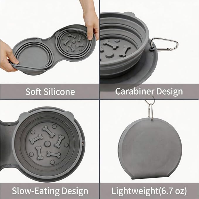 2-in-1 Collapsible Dog Bowl for Travel, Portable Dog Water Bowl with Carabiner Clip, Foldable Silicone Food Dish for Pets Outdoor Hiking Camping Walks (Gray)