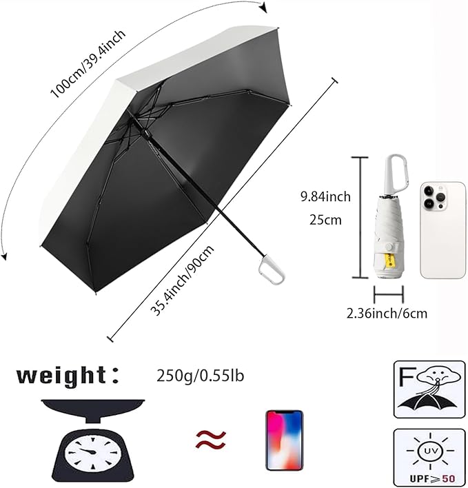erised's bifrost Mini Travel Folding Umbrella with Carabiner Handle for Women Men Kids/Lightweight Portable Compact/Small Parasol/UV Protection/UPF50+/6Ribs/Sun Rain/Fits in Pocket Car Purse