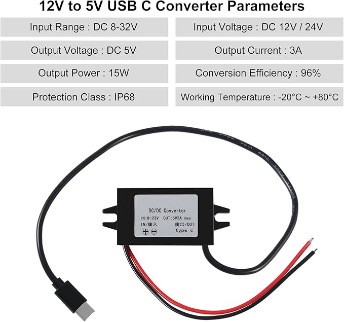 2pcs DC 12V/24V to 5V USB C Buck Converter 3A 15W Step Down Converter Voltage Regulator Waterproof Power Adapter for Raspberry Pi 4 Cellphone Car
